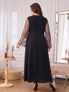 Plus Size Women's Solid Color Woven Fabric Mesh Patchwork Elegant Cowl Neck Sleeve Slit Waist Cinched Dress For Evening Date Birthday Party Autumn - Black - View 2