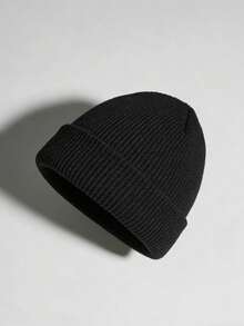 1PC Unisex Solid Black Ribbed Cuffed Knit Beanie Hat, Soft Stretchy Warm Skull Cap, Casual Y2K Fall Winter Daily Street Headwear For Men Women - Multicolor - View 4