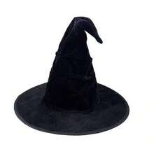 Halloween Black Velvet Witch Hat With Hood And Long Cape Set, Party Cosplay And Dark Wizard Costume Accessories - Black - View 9