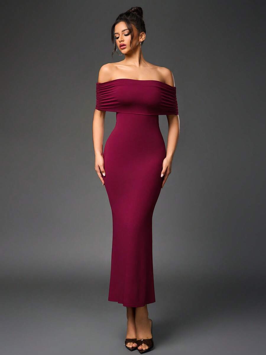 Women Elegant Burgundy Off Shoulder Midi Mermaid Dress, Back Cutout Ruched Bodycon Party Dress - Burgundy - View 1