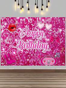 Splendor Sweet Pink Heart Fashion Theme Party Photo Background Cloth, Crown Bag Lipstick Print Background Banner, Birthday Celebration Party Supplies - Multicolor - View 13