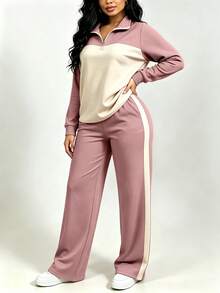 女款秋冬休閒套裝，優雅運動風寬領上衣搭配寬腿長褲 2 件套 - 粉色68+杏色11 - 查看 4