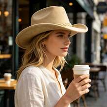 Retro Cowgirl Hat For Women Men Faux Suede Wide Brim Western Cap - Light Brown - View 5