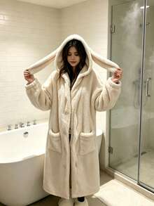 1PC Women Solid Color Hooded Bathrobe With Adorable Rabbit Ears, Simple Stylish Plush Wrap Robe, Ultra‑Soft Cozy Plush Fabric, Loose Relaxed Fit For Fall & Winter, Great For Indoor Daily, Casual Outings & Christmas Party, Nice Holiday Gift Choice - Multicolor - View 13