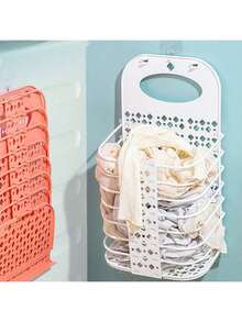 1pc Foldable Large Capacity Wall-Mounted Plastic Storage Basket, No-Drill With Hooks, Space-Saving Hanging Laundry Basket, Suitable For Bathroom - View 7