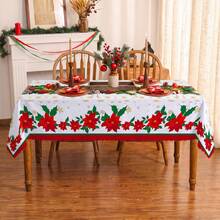 1pc Christmas Holly Leaf Poinsettia Snowflake Print Rectangular Tablecloth, Suitable For Holiday, Party, Birthday, Dinner, Restaurant Table Decor, Christmas Home Autumn/Winter Decoration - Multicolor - View 3