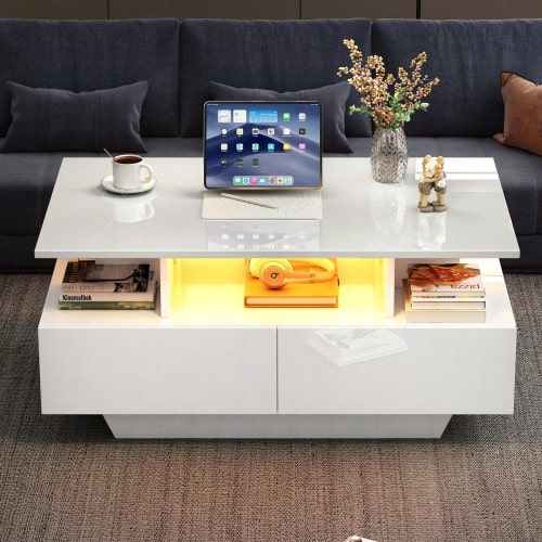 Modernt soffbord med högblank finish, LED-belysning och två lådor: elegant sidobord 90x55x41 cm med förvaringsutrymme, tål upp till 30 kg. - Vitt - Visa 1