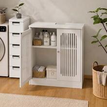 Bathroom Vanity Cabinet Without Sink, Freestanding Bathroom Cabinet With Double Doors And Slatted Front, White Bathroom Cabinet. - White - View 4