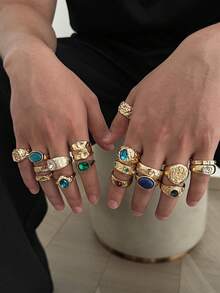 18pcs Vintage Personalized Geometric Metal Rings, Inlaid With Multicolor Rhinestones, Gold-Tone Stackable Knuckle Rings, Gift For Partner, Son, Friend - 18 Pieces - View 8