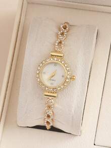 1pc Fashion Women's Bracelet Watch, Luxury Round Dial With Rhinestone Embellishment, Water Ripple Design, Alloy Quartz Watch, Perfect Gift For Girlfriend - Gold - View 4