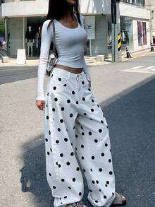 Women's Black Polka Dot White Pants Autumn Vacation - White - View 3