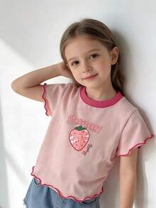 Girls' Wavy Hem Short Sleeve T-Shirt, New Summer Fashion - Pink - View 4