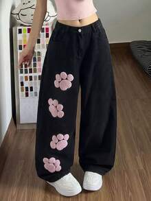 1pc Girls Black Wide Leg Denim Jeans, Elastic Waist Cute Paw Print Loose Straight Leg Pants, Sweet Style - Black - View 1