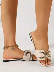 Ximi Ruo Spring/Summer New Women's Fashion Casual One-Strap Slide Sandals, Comfortable Flat Low-Heel Round Toe Slip-On Sandals For Outdoor Wear, Beach Shoes, Versatile Decorative Flat Sandals For Women - Beige - View 5