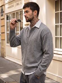 Men's Solid Light Grey V Neck Knit Cardigan, Button Down Loose Soft Layering Sweater Outerwear - Grey - View 3