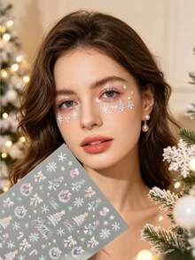 Holographic Snowflake Christmas Tree Bow Face Stickers With Tweezers, Suitable For Christmas Holiday Makeup, Party Looks, Portrait Photography Makeup, Facial Decoration Stickers - Multicolor - View 4