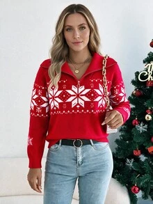 Christmas Red Half-Zip Collar Sweater, Casual Holiday Vacation Date Wear - Red - View 2
