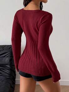 Women's Burgundy Cable Knit Sweater, Square Neck Lace Patchwork Button Decor, Long Sleeve Slim Fit, Elegant Casual Pullover, Suitable For Autumn/Winter Dates And Daily Wear - Red and White - View 6