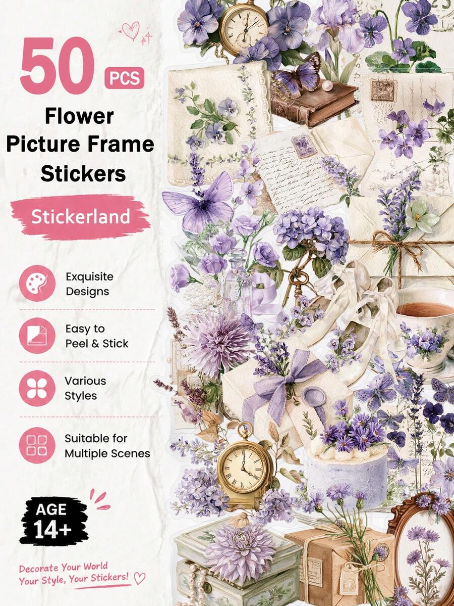 YWWBLD 50pcs Purple Flowers Journal Stickers For Adults Teens Sticker Enthusiasts Scrapbooking Journaling Laptops Skateboards Water Cups & More, Add A Fun Touch To Your Devices! - Multicolor - View 1
