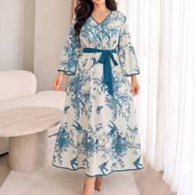Plus Size Geometric Print Woven Fabric Ruffle V-Neck Bell Sleeve Long Umbrella Hem Dress For Women, Casual Autumn - Multicolor - View 5