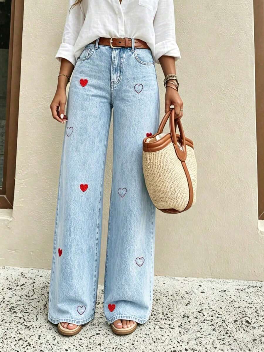 Small Size Women's Washed Non-Stretch Light Color Denim Jeans, Heart-Shaped Asymmetrical Embroidery - Light Wash - View 1