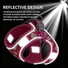 Step-In Anti-Collision Floral Adjustable Soft Mesh Reflective Pet Vest Harness & Leash Set, Purple Floral Pattern Dog Harness & Leash Set, Escape-Proof Puppy Harness Training Walking, Breathable Adjustable Puppy Vest, Suitable For Small And Medium Dogs And Cats - Multicolor - View 9