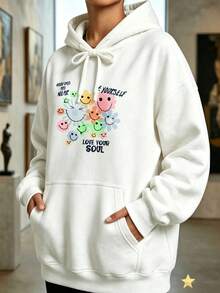 Women's Oversized Brushed Cotton Hoodie, Graphic Print With White Face And "Love Your" Text, Drawstring Hood, Kangaroo Pocket, Casual Streetwear Style - White - View 2
