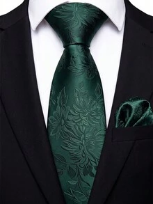 Men's Tie Set, Classic Fashion Tie & Pocket Square Set, Suitable For Weddings, Business And Banquets - Dark Green - View 1