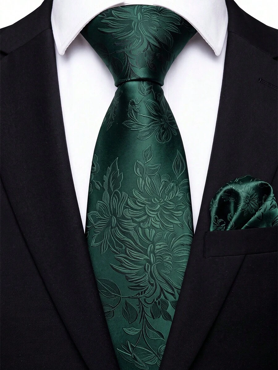 Men's Tie Set, Classic Fashion Tie & Pocket Square Set, Suitable For Weddings, Business And Banquets - Dark Green - View 1