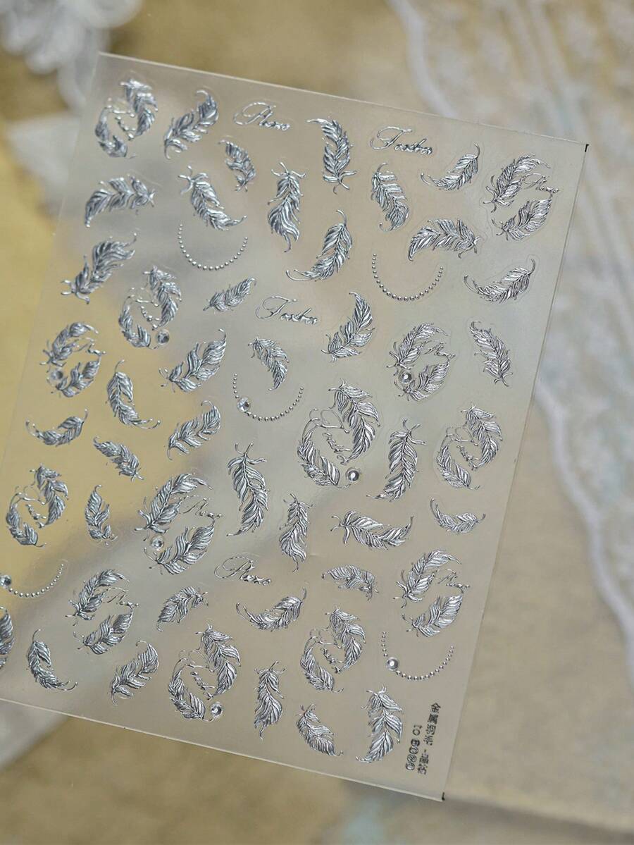 1 3D Crystal Diamond Silver Nail Art Luxury Sticker Self-Adhesive New Retro Exquisite DIY Style Nail Charm Sticker Metal Texture Feather Sticker Nail Art Accessory Sticker - Silver - View 1