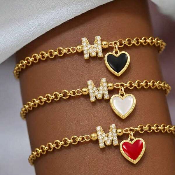 1pc New Classic Initial Heart Pendant Golden Stainless Steel Chain Bracelets For Women