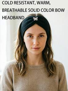 1PC Autumn/Winter Solid Color Warm & Breathable Bow Knitted Headband Hair Accessory Hairband Handmade Yoga Sports - As Shown - View 2
