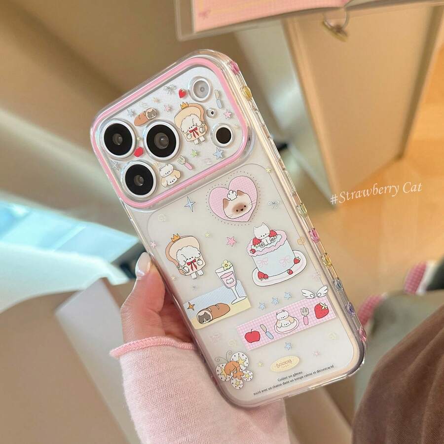 Kavenfort Transparent Sweet Berry Cat Cake Cute Cat Illustration Phone Case, Compatible With Apple 18 Pro, 16 Transparent Sweet Color 17 Multicolor Side 15 Soft Shell, Cute, Creative, Geometric, Cartoon Style, Fresh, Niche, Ins Style - Clear - View 1