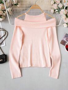 Pink 2 In 1 Fitted Knit Sweater, Sexy Off-Shoulder Design, Autumn/Winter Base Layer Top For Women - Pink - View 9