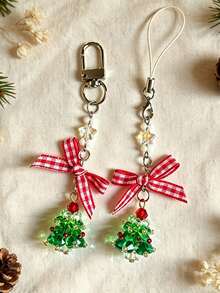 New Christmas Tree Phone Lanyard Crystal Beads Red Plaid Bow Keychain Christmas Gift Bag Charm - Multicolor - View 5