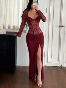 Autumn Solid Color Lace V-Neck Long Sleeve Dress Women's Elegant Dress Slit Evening Gown Party Date - Burgundy - View 3