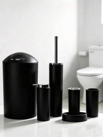 Bathroom Cosmetics Set, Galvanised Plastic Cover, Dishwashing Set, Including: Soap Dispenser, Toothbrush Holder, Toothbrush Cup, Soap Dish, Toilet Brush And Trash Can.