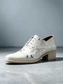 QRLQRL Men's Patchwork Lace-Up Dress Shoes With Artistic Textured Upper And Square Chunky Heel, Suitable For Spring/Autumn, Business Occasions, Gatherings And Short Trips - White - View 3