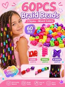 60pcs Girls Hair Beads Set, 3 Mixed Colors, Heart Letter Spiral X-Shaped Braiding Accessories, Suitable For Children And Teenagers - Multicolor - View 1