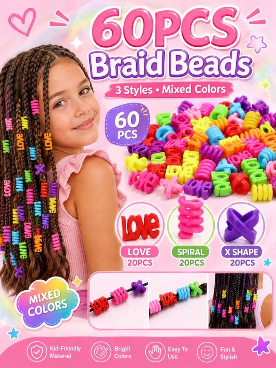 60pcs Girls Hair Beads Set, 3 Mixed Colors, Heart Letter Spiral X-Shaped Braiding Accessories, Suitable For Children And Teenagers - Multicolor - View 1