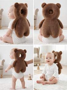 New Oversized Baby Head Protection Pillow & Cap, Anti-Collision Cartoon Cute Bear & Rabbit Design, Soft Plush Infant Head Guard Pillow, Adjustable Shoulder Strap Back Support Pad, Baby Learning To Walk Head Protection Pillow, Baby Walking Supplies, Infant Travel Gear, Head Protection Cap & Pad - Coffee Bear - View 3
