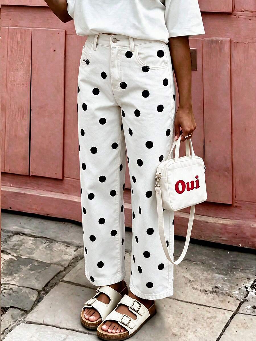 Celana Panjang Wanita Motif Polkadot Hitam dan Putih untuk Liburan Musim Gugur - Putih - View 1