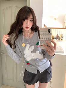 Women's Autumn/Winter Casual Round Neck 3D Cherry Blossom & Rabbit Pattern Sweet Cute Long Sleeve Knit Cardigan - Grey - View 3