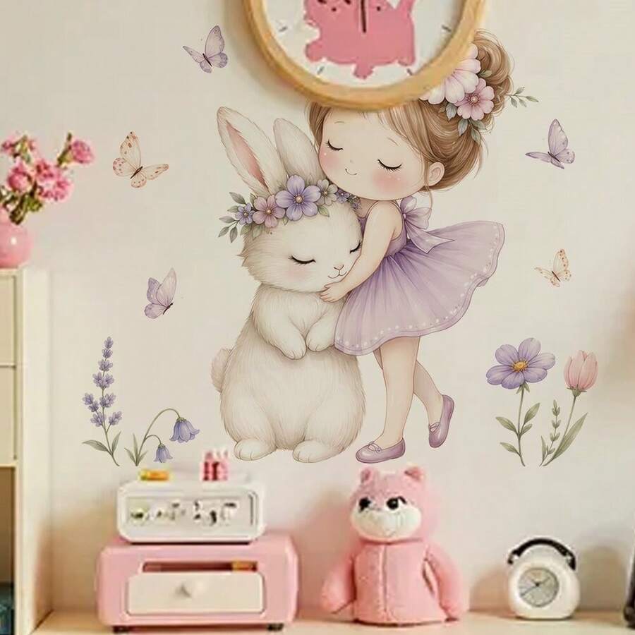 1pc 2D Rabbit Wall Sticker With Butterfly And Flower Surround, Soft And Sweet Self-Adhesive Decor - Multicolor - View 1