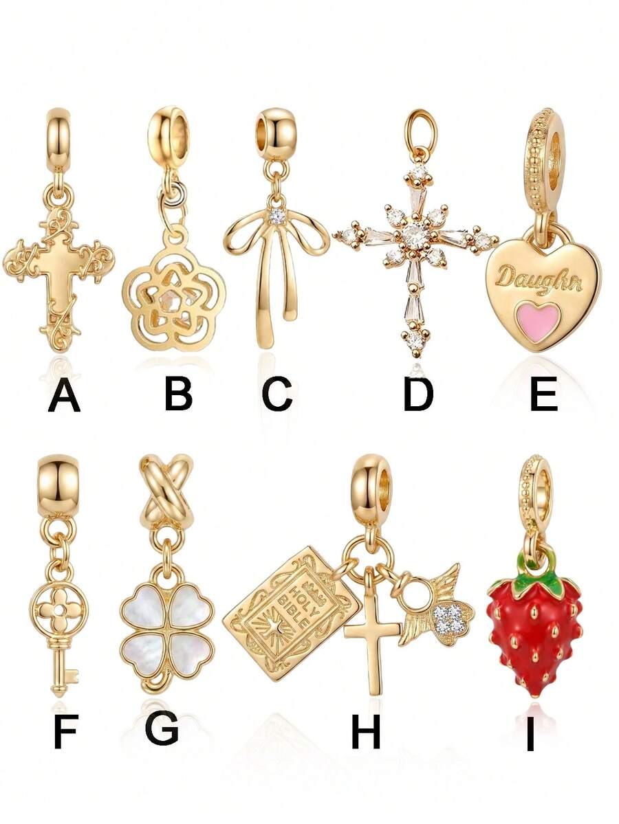 1Pc Gold Plated Dangle Charms, Cross Flower Heart Strawberry Beads Pendant Fit Bracelet - Multicolor - View 1