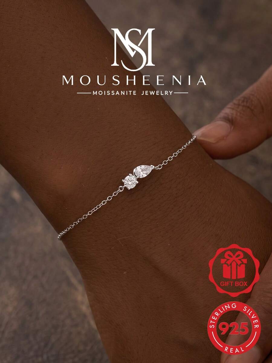 MOUSHEENIA Dainty Round Cut Moissanite Bracelet 925 Sterling Silver Plated 14K Gold Bezel Set Station Satellite Chain Adjustable Fine Jewelry For Women - 00180MSB - View 1
