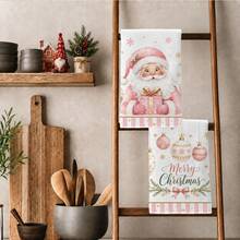 2PCS Kitchen Towels Christmas Pink Santa Claus Christmas Ball Print 40*60cm Minimalist Style Rectangular Microfiber Kitchen Towels, Dish Cloths, Tablecloths, Hand Towels, Bathroom Kitchen Decor, Christmas Home Decor, Neighbor Housewarming Gift, Perfect For Kitchen And Bathroom Use, Suitable For Housewives And Family Gatherings, High Cost-Performance, Household Essential - Pink - View 2