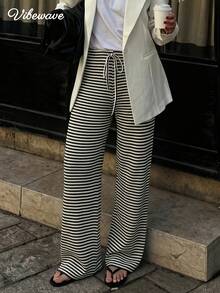 VIBEWAVE Women's Y2K Retro Striped Knit Wide Leg Pants, Loose Drawstring Waist Casual Long Pants, Suitable For Back To School Season Daily Wear - Black and White - View 2