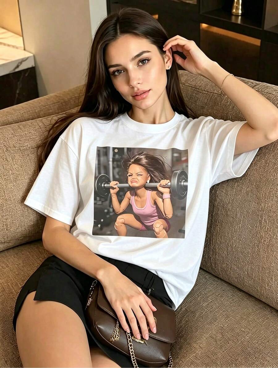 Women's T-Shirt With A Weightlifting Doll Graphic, Crew Neck, And Short Sleeves. Perfect Casual Top For Spring And Summer. - White - View 1