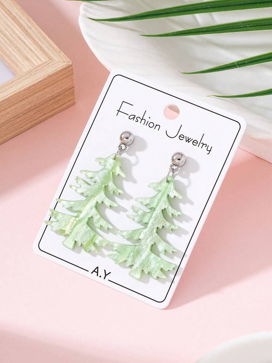 1 par de pendientes de moda para mujer con diseño asimétrico brillante de árbol de Navidad, adecuados para uso diario y combinación con fiestas - verde menta - Ver 1